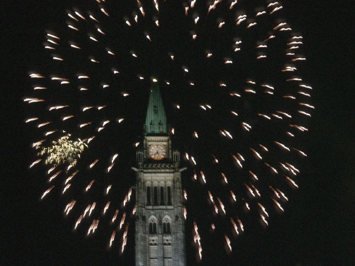 Fireworks,  New Year 1967, Parliament Hill, Ottawa.  Celebrating beginning of Canada's Centenial